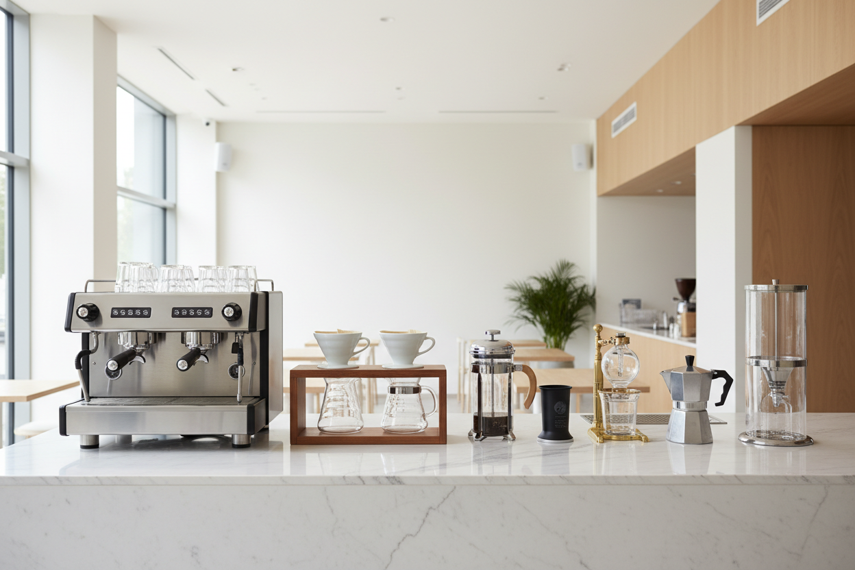 All brewing methods on modern minimalist coffee bar with natural light