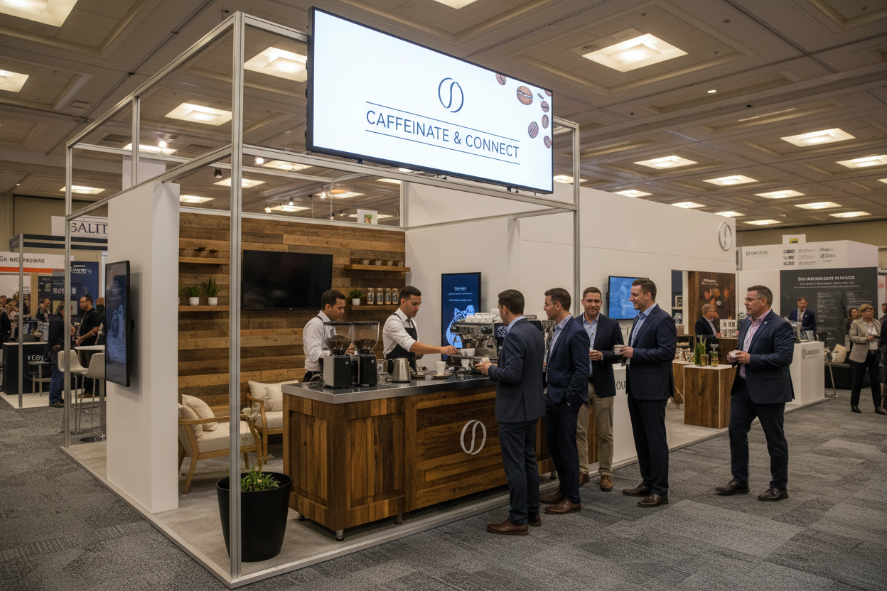 Booth attracting visitors with espresso bar