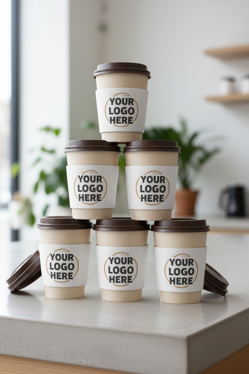 Branded paper coffee cups with YOUR LOGO HERE placeholder