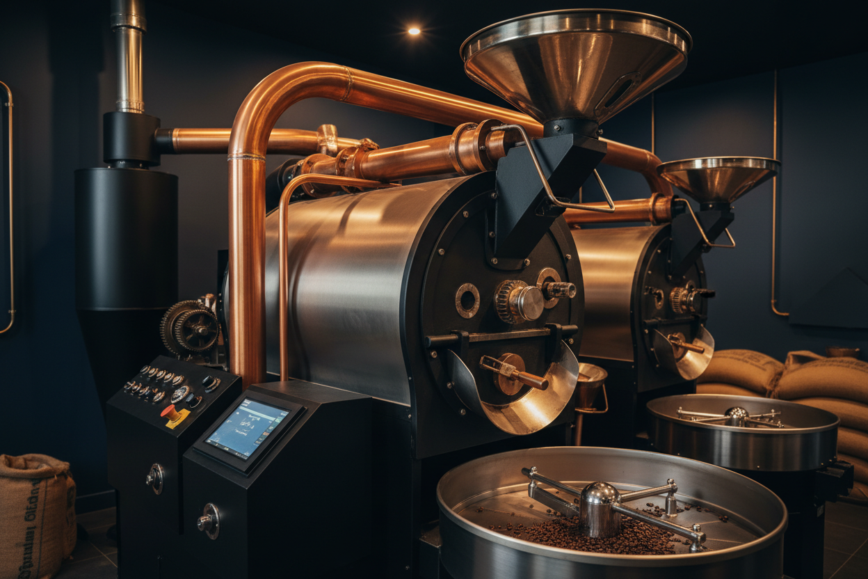 Close-up of coffee roasting facility interior with equipment