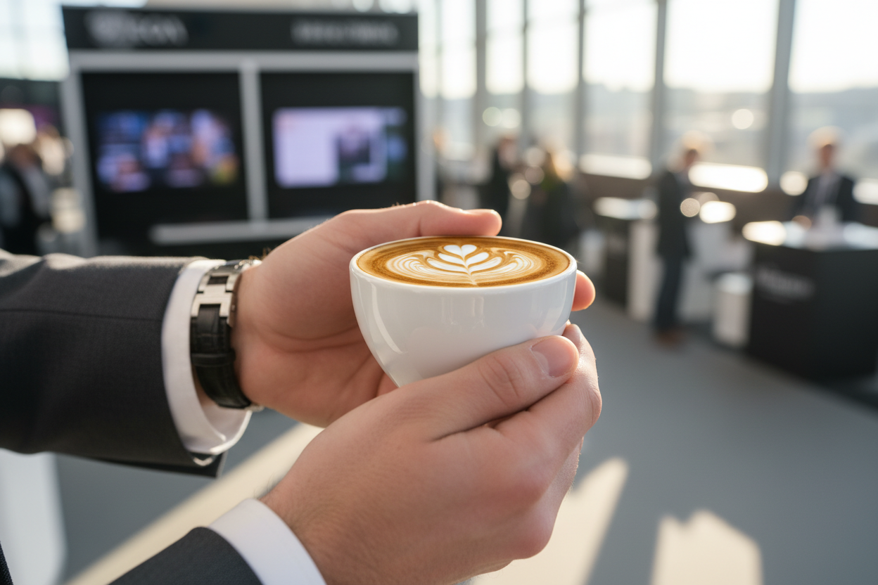 Hands holding latte art coffee