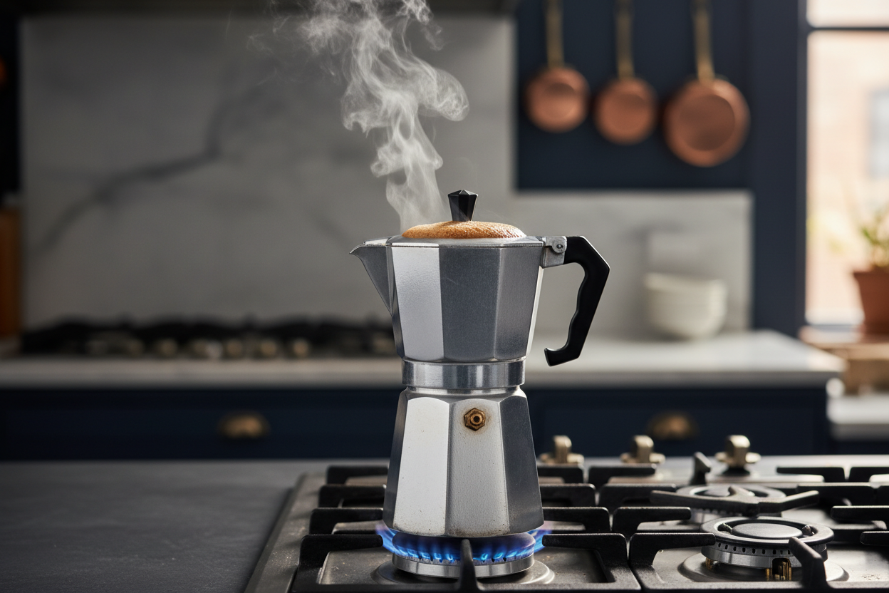 Moka pot brewing coffee on stovetop mid-range view