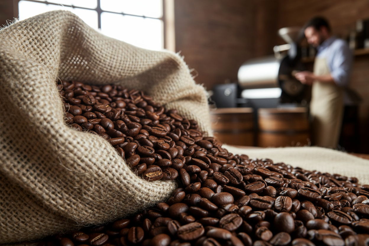 Premium coffee beans in burlap sack at roasting facility