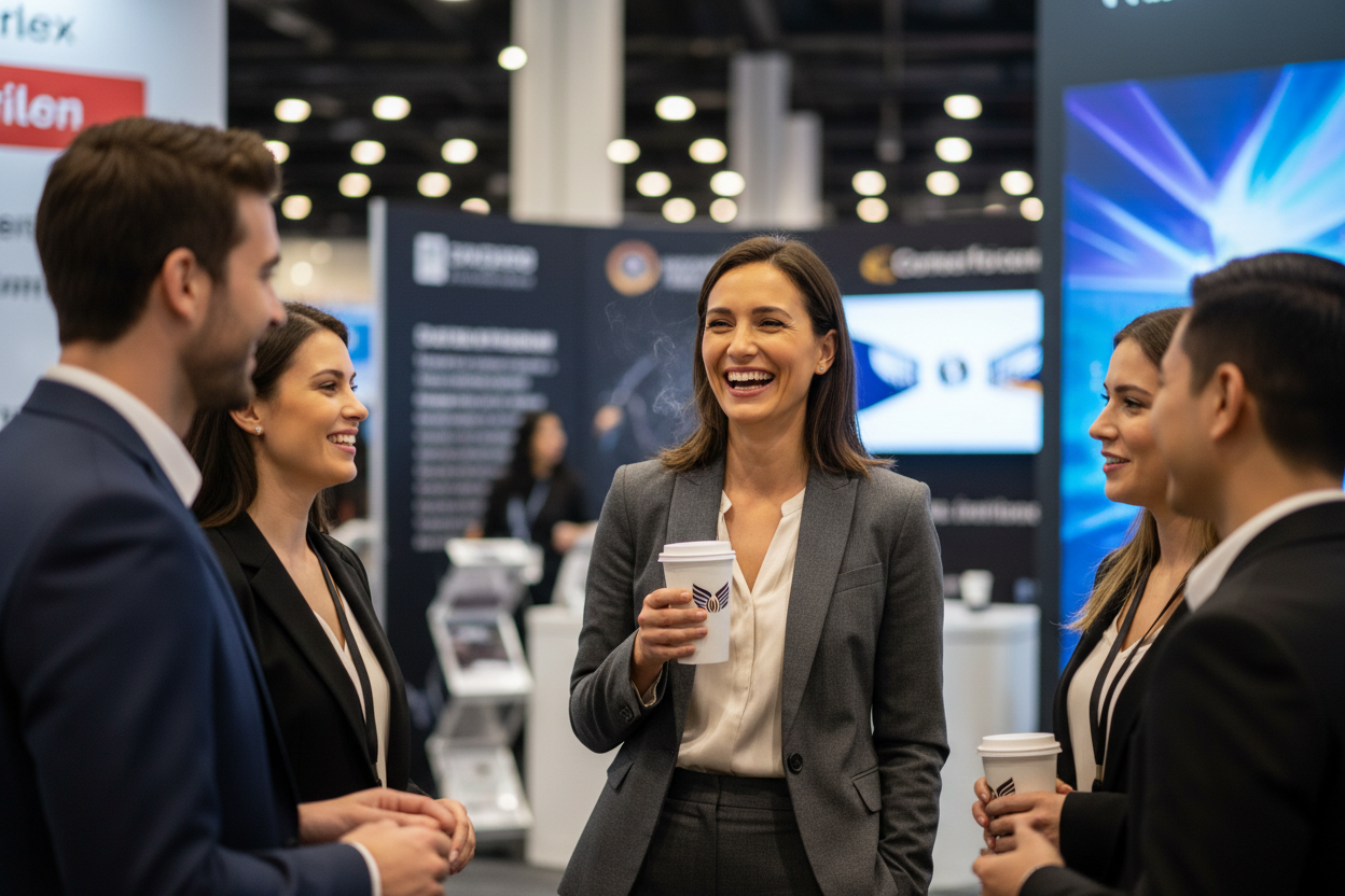 Professional woman with coffee at trade show