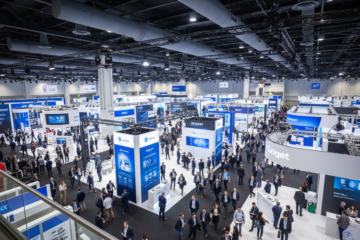 Wide aerial shot of tech expo hall