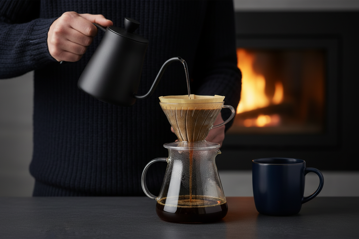Winter warmth pour over coffee - realistic 4K shot